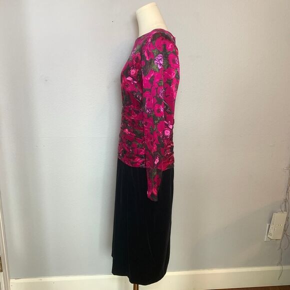Silk Studios 80s Floral Velvet Dress Long Sleeve Ruched Midi Black Pink Size 10 - Picture 11 of 11